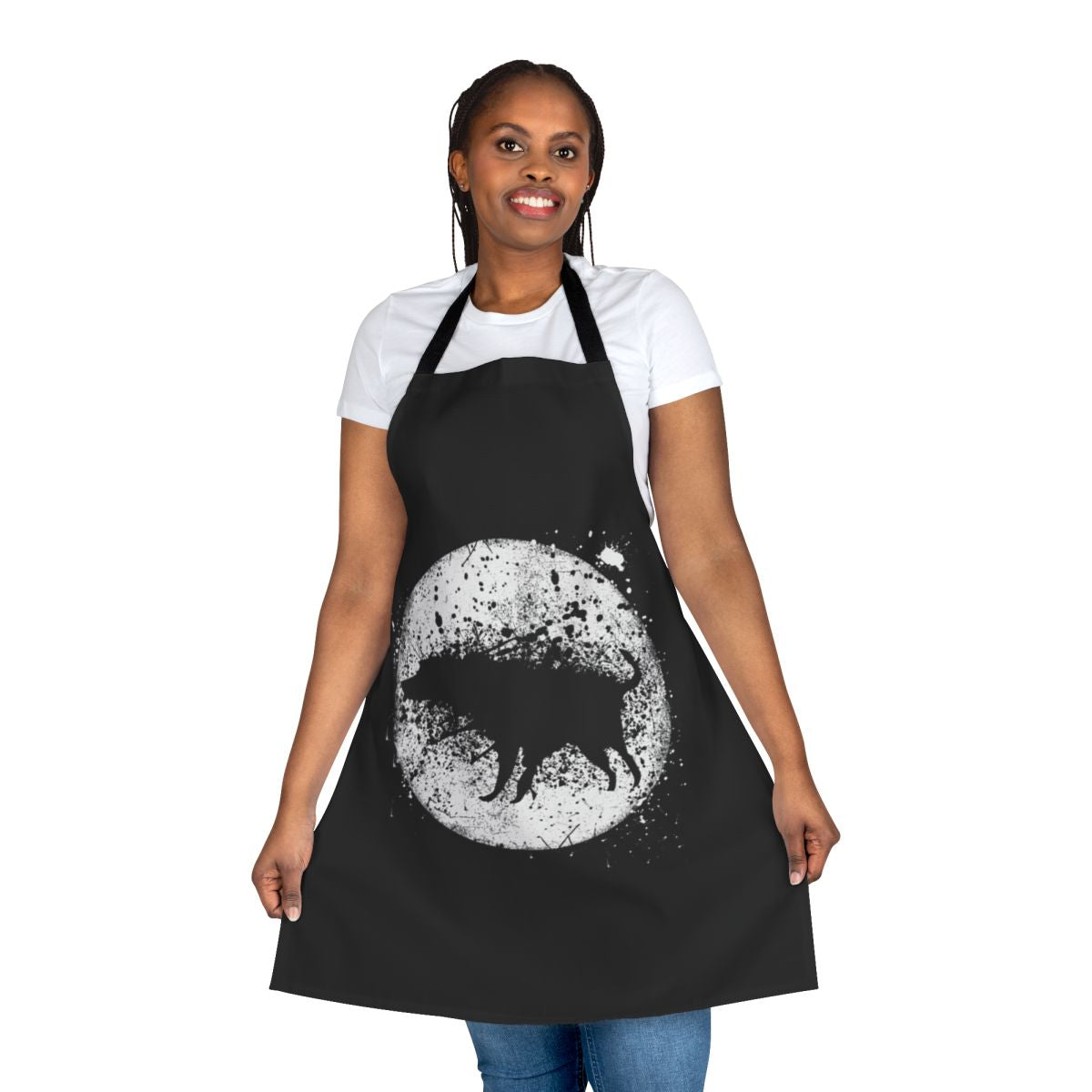 Banksy-inspired apron featuring a splash dog and moon design, a provocative and censored street art style.