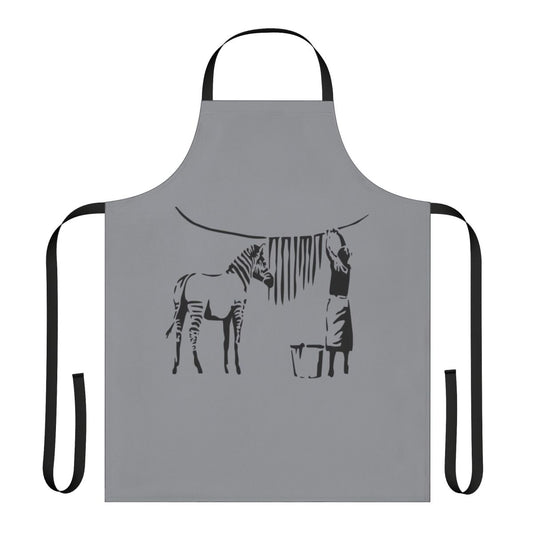 Banksy-inspired zebra print apron for cooking and art enthusiasts