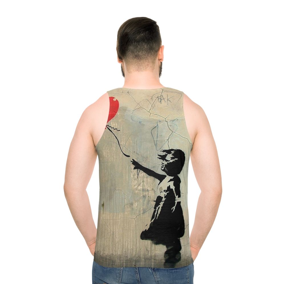 Banksy-inspired red tank top with heart balloon graphic
