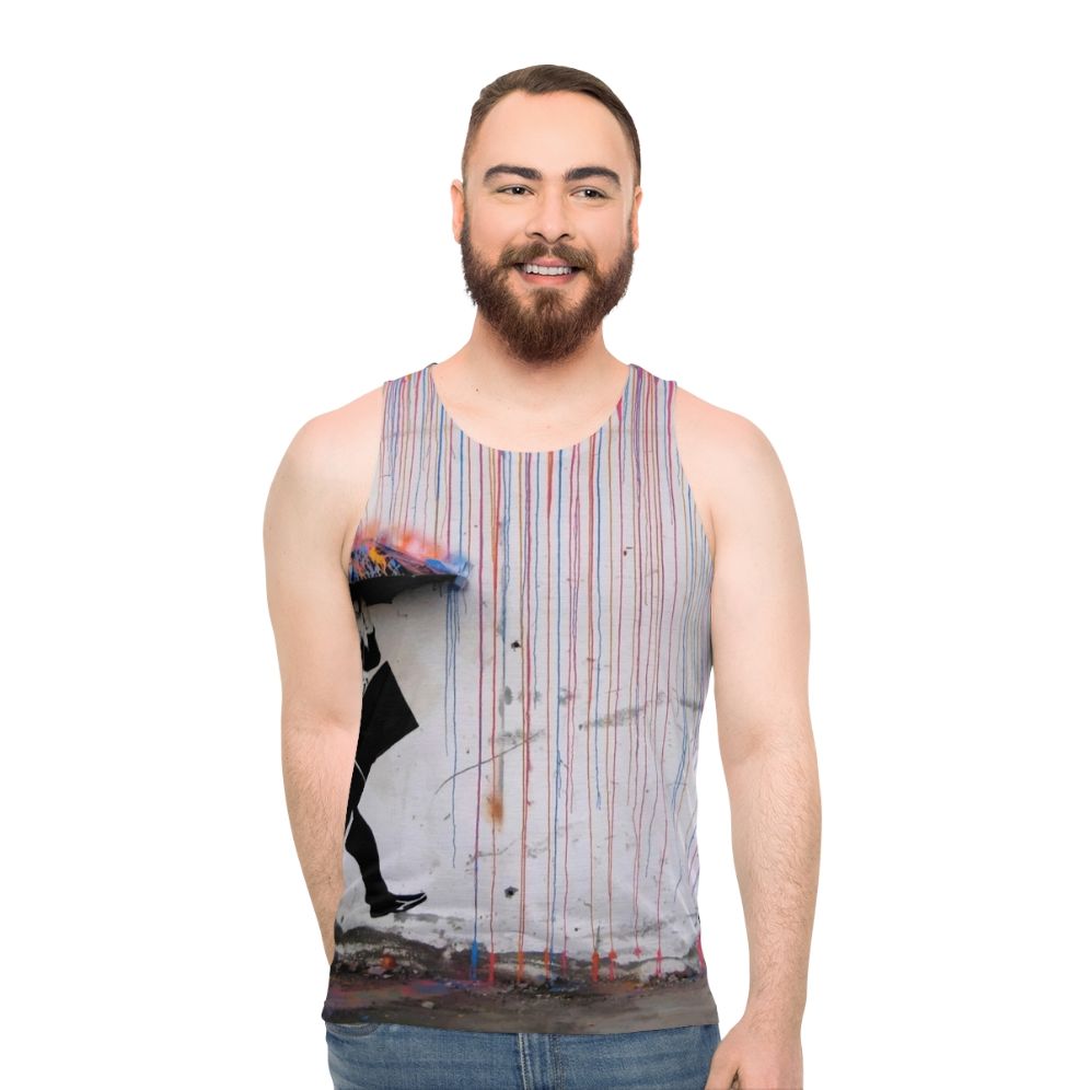 Banksy umbrella rainbow happy girl unisex tank top