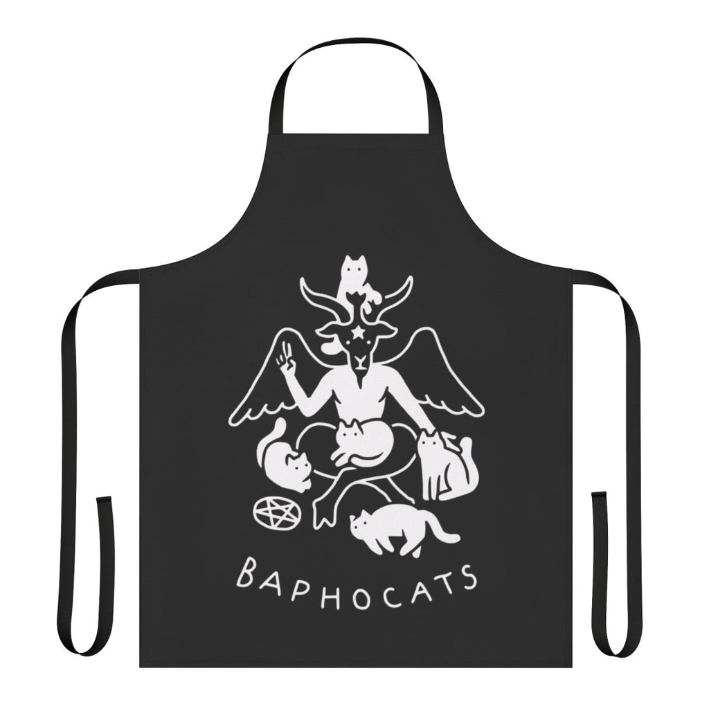 Model wearing a black apron with a Baphomet cat design, perfect for fans of dark fashion and metal music.