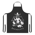 Model wearing a black apron with a Baphomet cat design, perfect for fans of dark fashion and metal music.