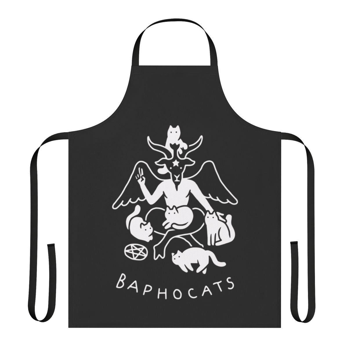 Model wearing a black apron with a Baphomet cat design, perfect for fans of dark fashion and metal music.