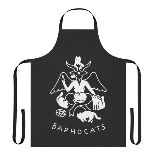 Model wearing a black apron with a Baphomet cat design, perfect for fans of dark fashion and metal music.