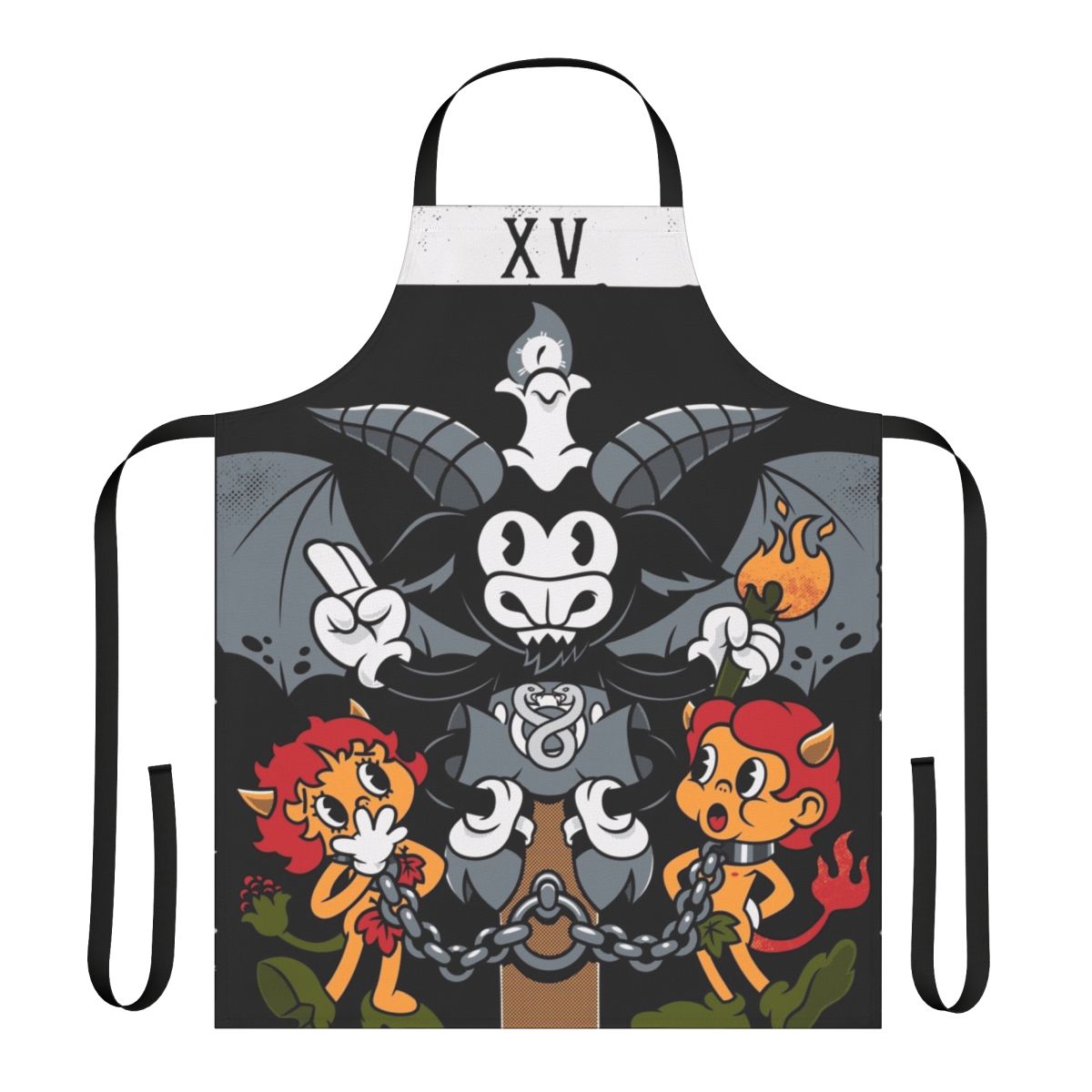 Baphomet devil tarot card design on a vintage-style apron