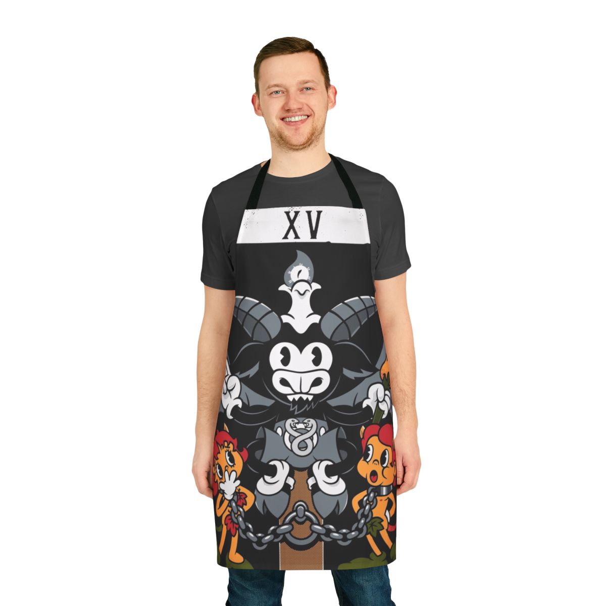 Baphomet devil tarot card design on a vintage-style apron