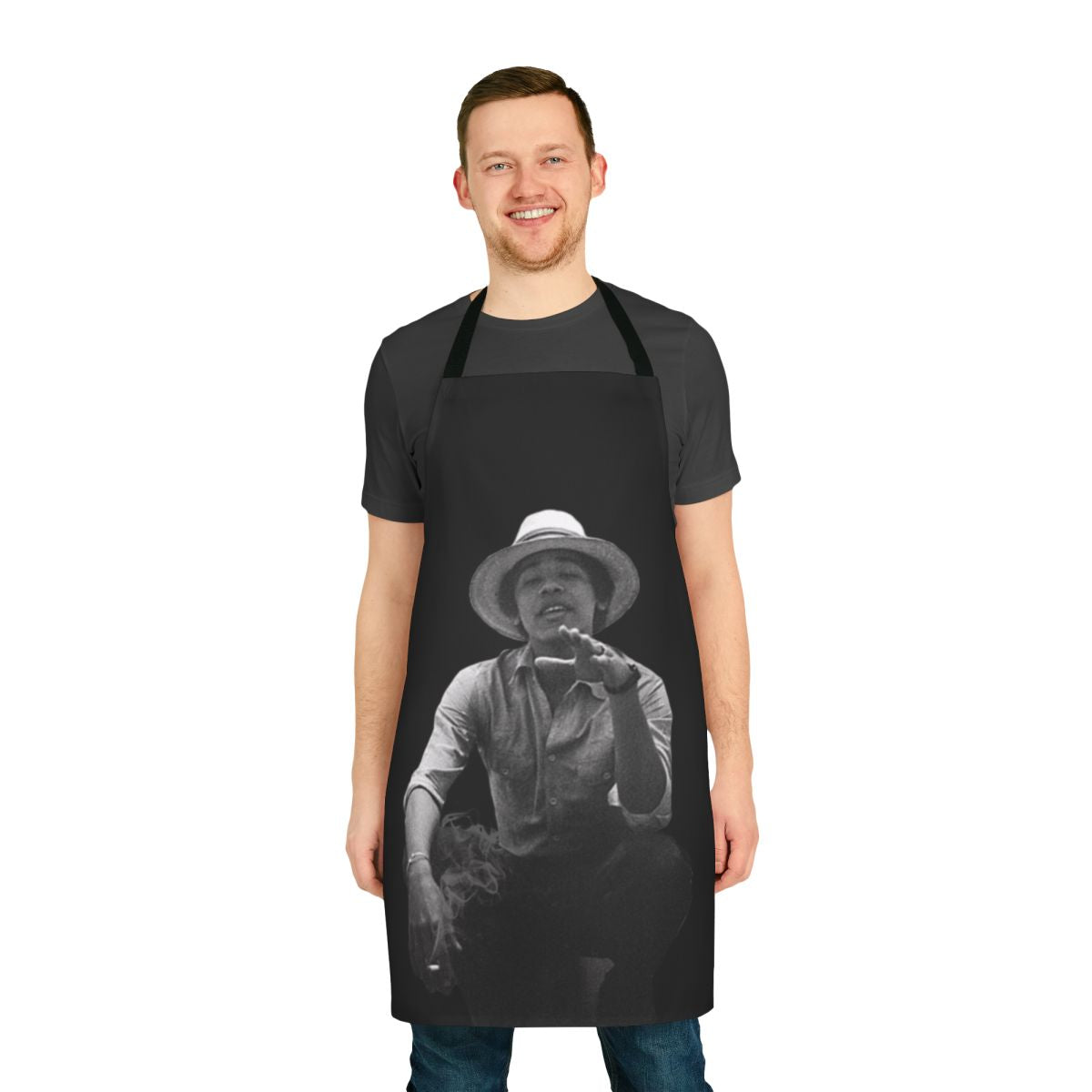 Apron featuring a young Barack Obama smoking, with presidential and political themes.