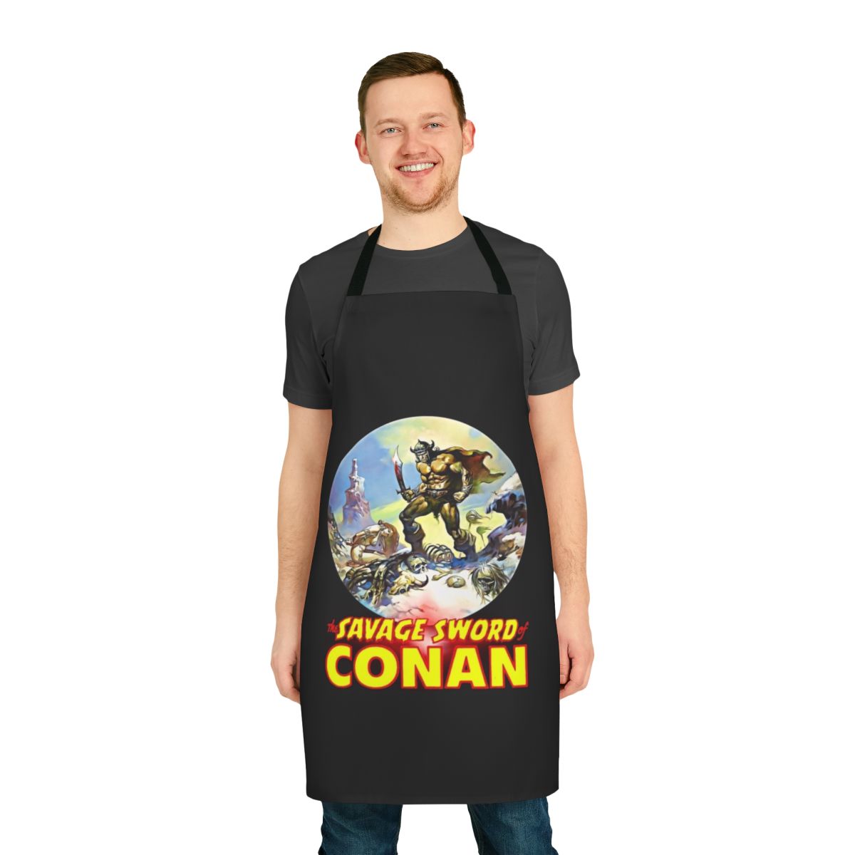 Conan the Barbarian-inspired apron featuring fantasy art and sword and sorcery design