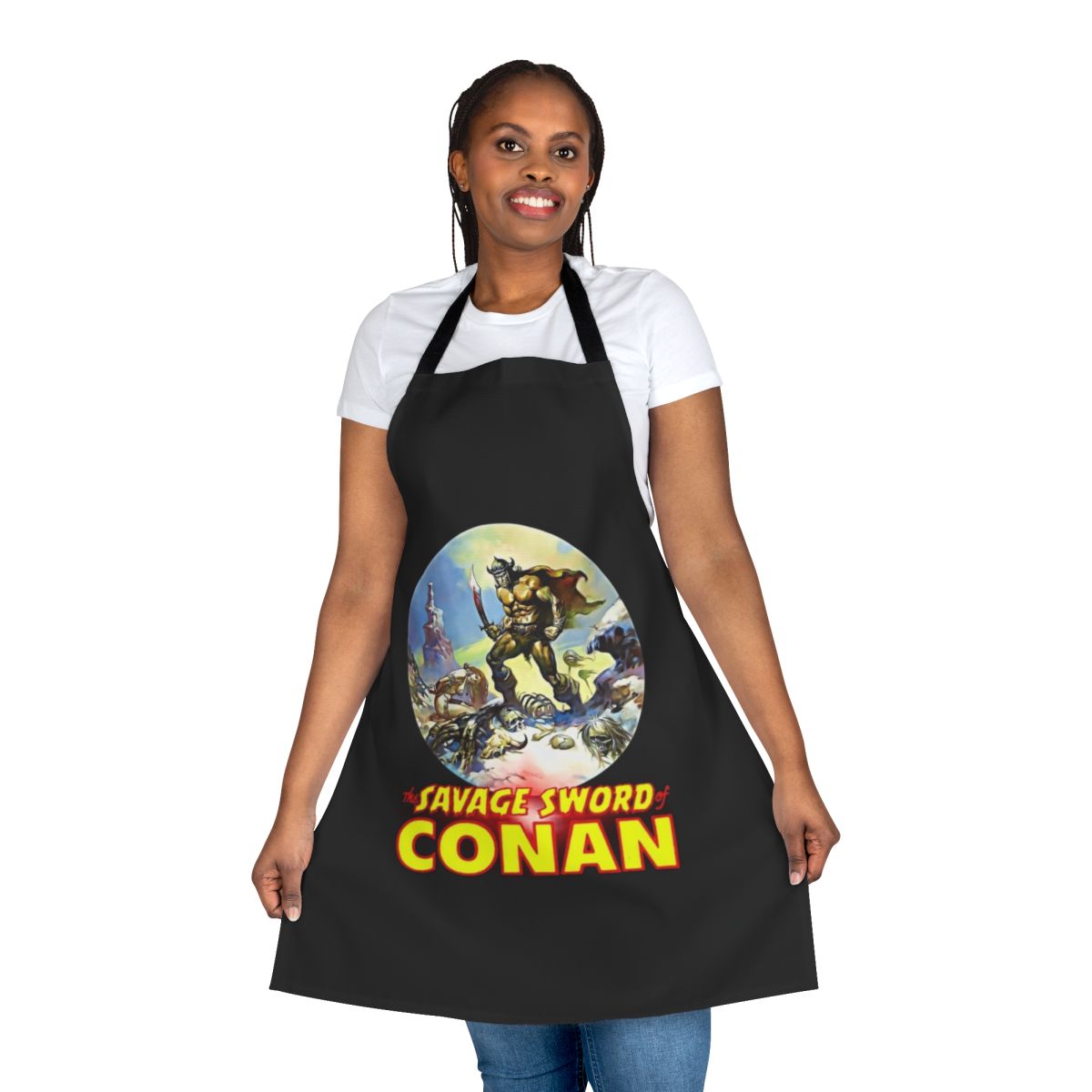 Conan the Barbarian-inspired apron featuring fantasy art and sword and sorcery design