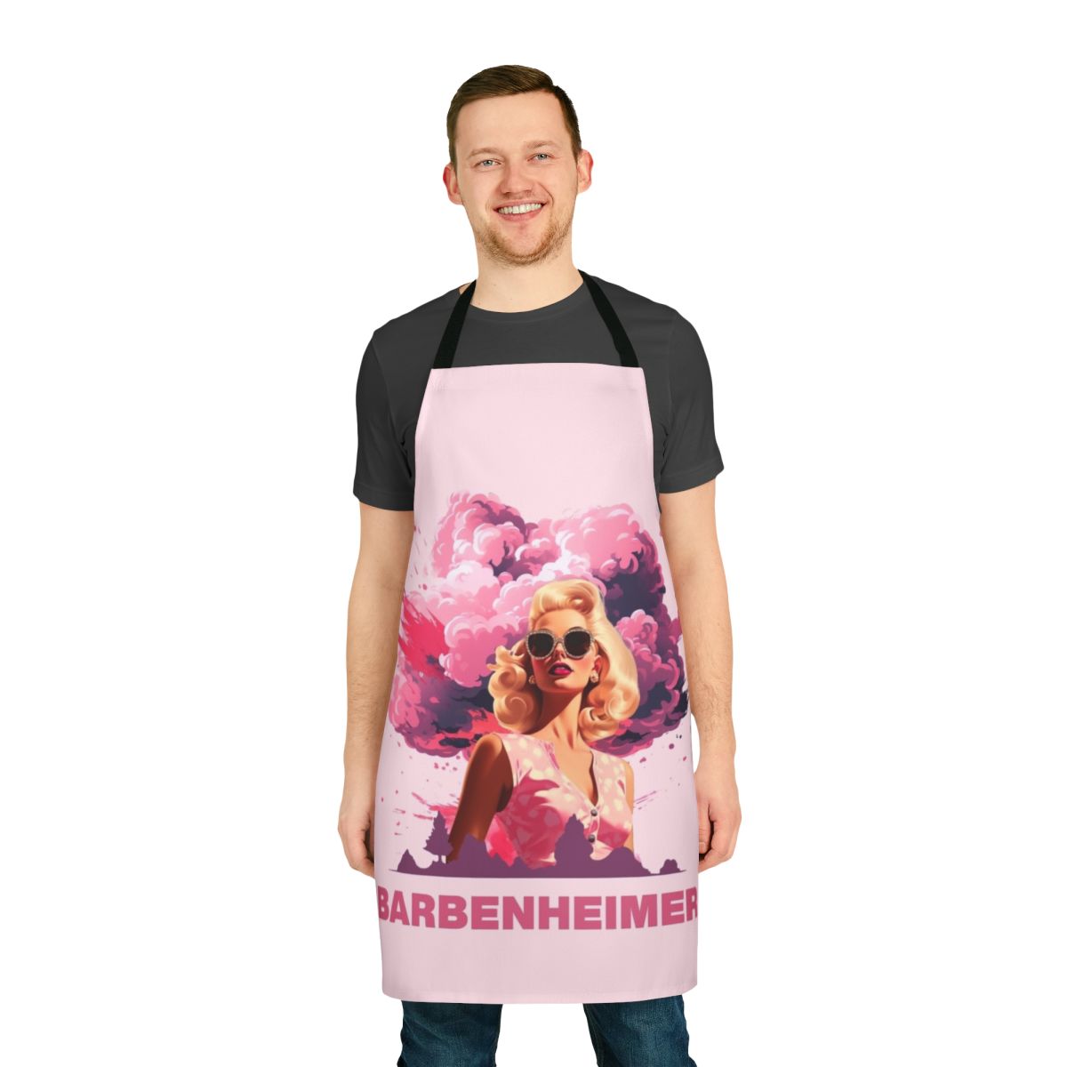Barbenheimer-inspired 2023 apron featuring Barbie and Oppenheimer movie references