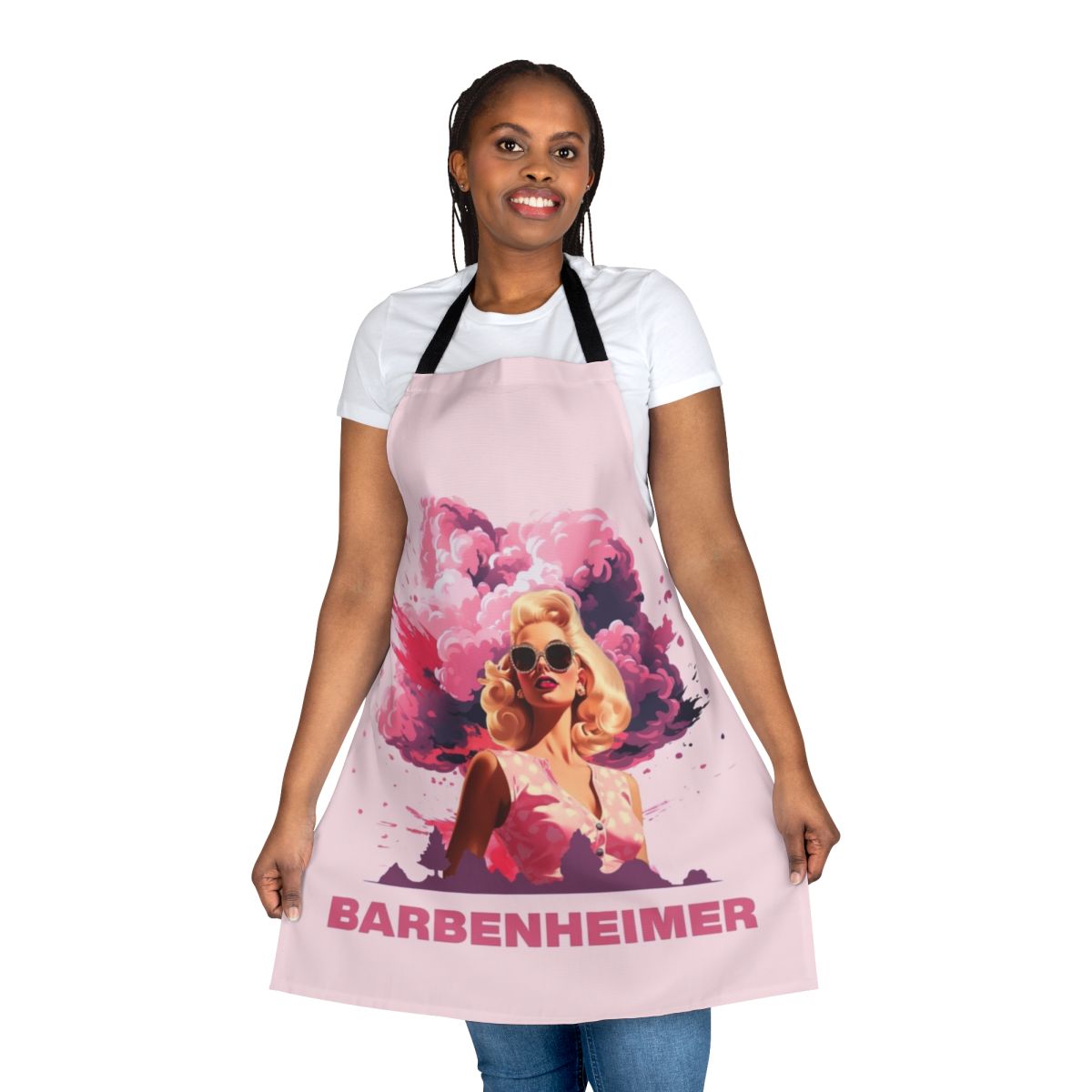 Barbenheimer-inspired 2023 apron featuring Barbie and Oppenheimer movie references