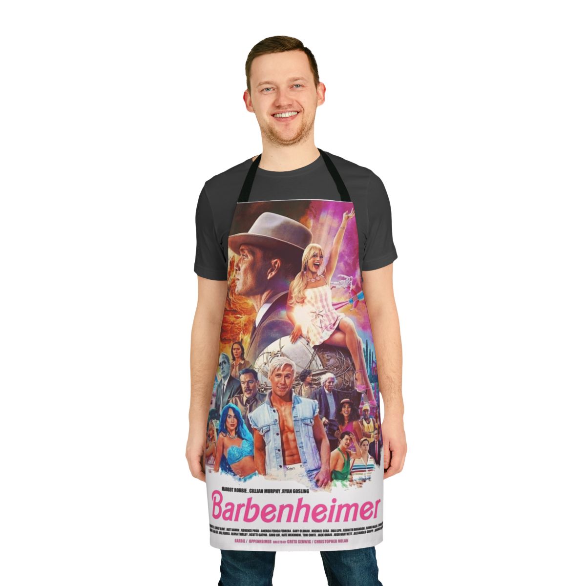 Barbenheimer-inspired apron featuring retro design and nuclear explosion imagery