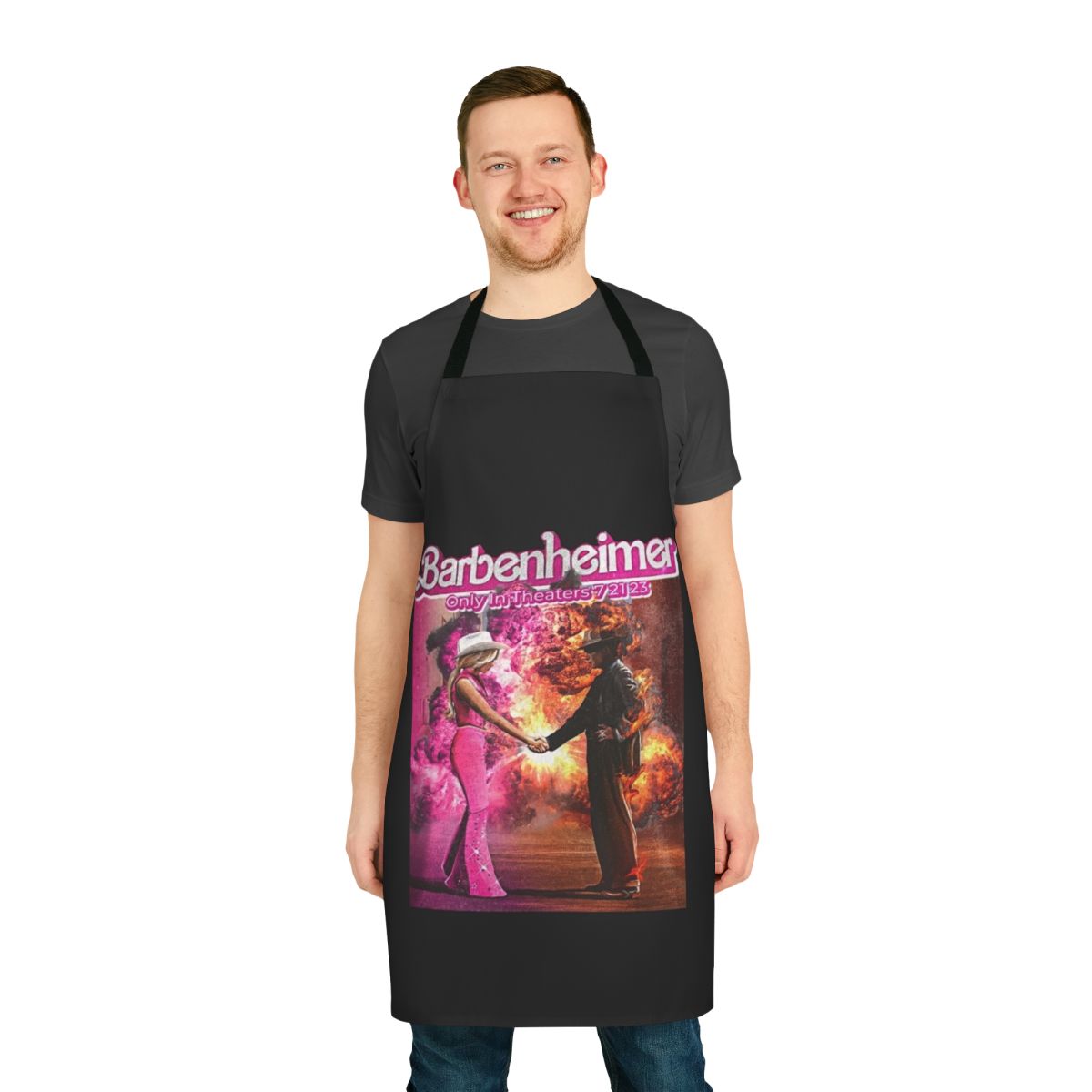 Barbenheimer-inspired apron with a playful and retro design