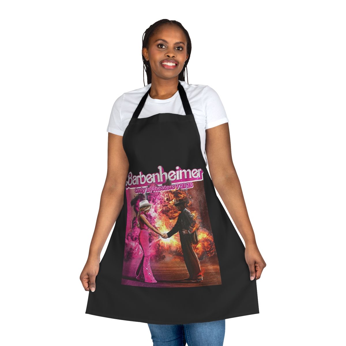 Barbenheimer-inspired apron with a playful and retro design