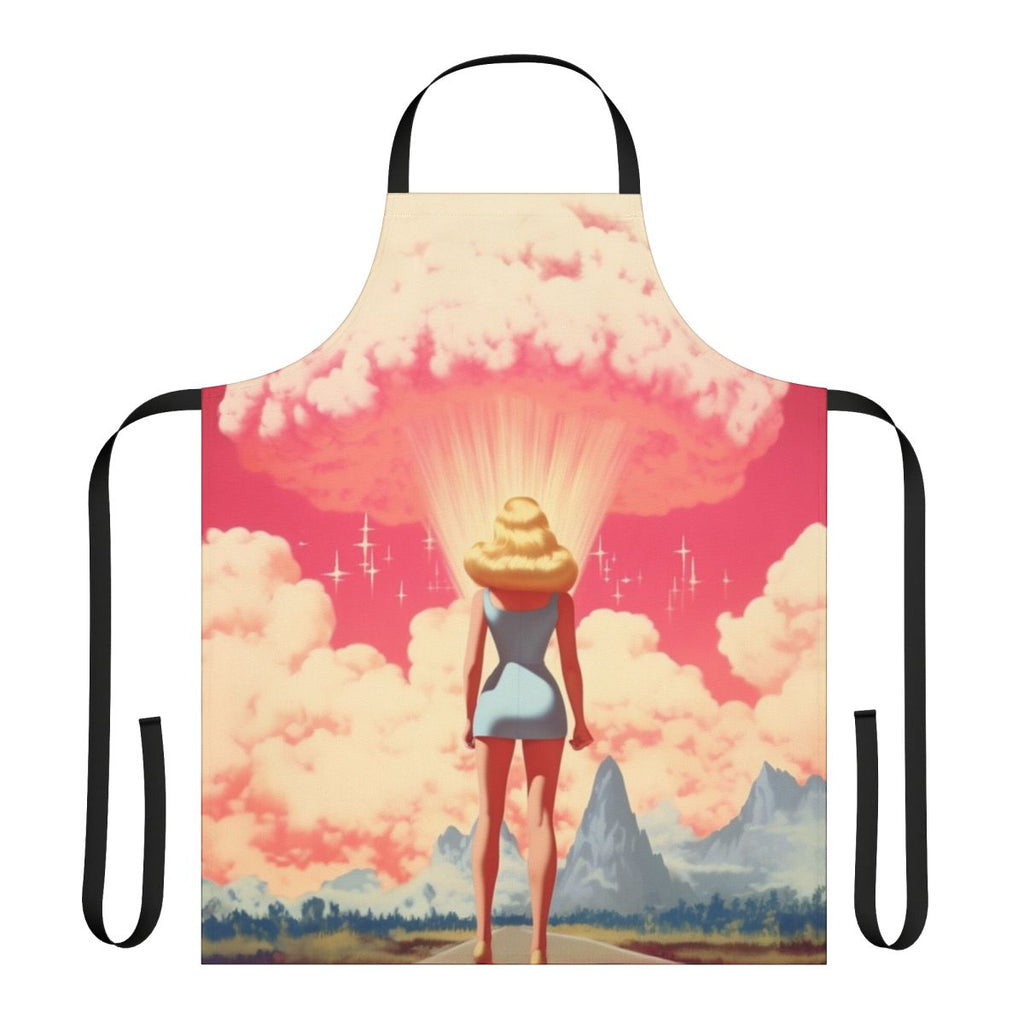 A white apron with a playful "Barbenheimer" design, referencing the 2023 Barbie and Oppenheimer films.
