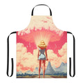 A white apron with a playful "Barbenheimer" design, referencing the 2023 Barbie and Oppenheimer films.