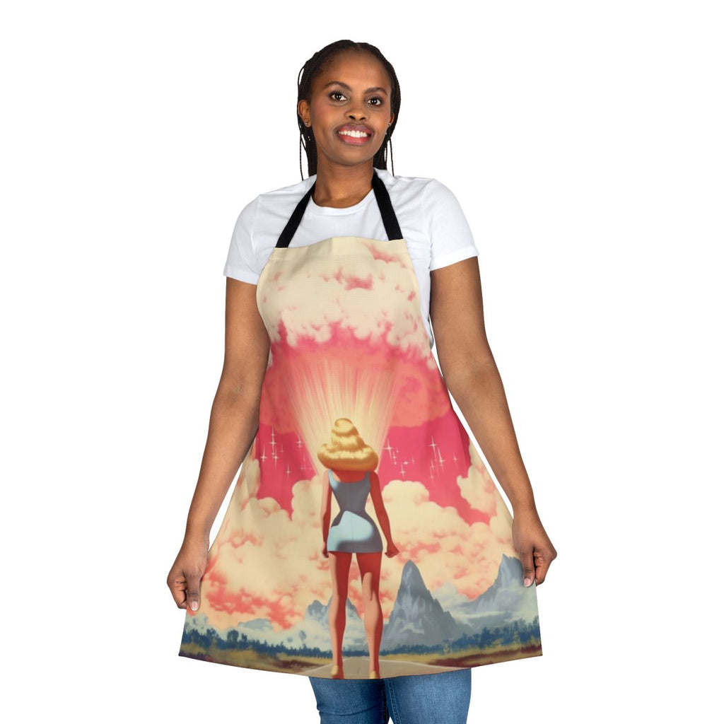 A white apron with a playful "Barbenheimer" design, referencing the 2023 Barbie and Oppenheimer films.