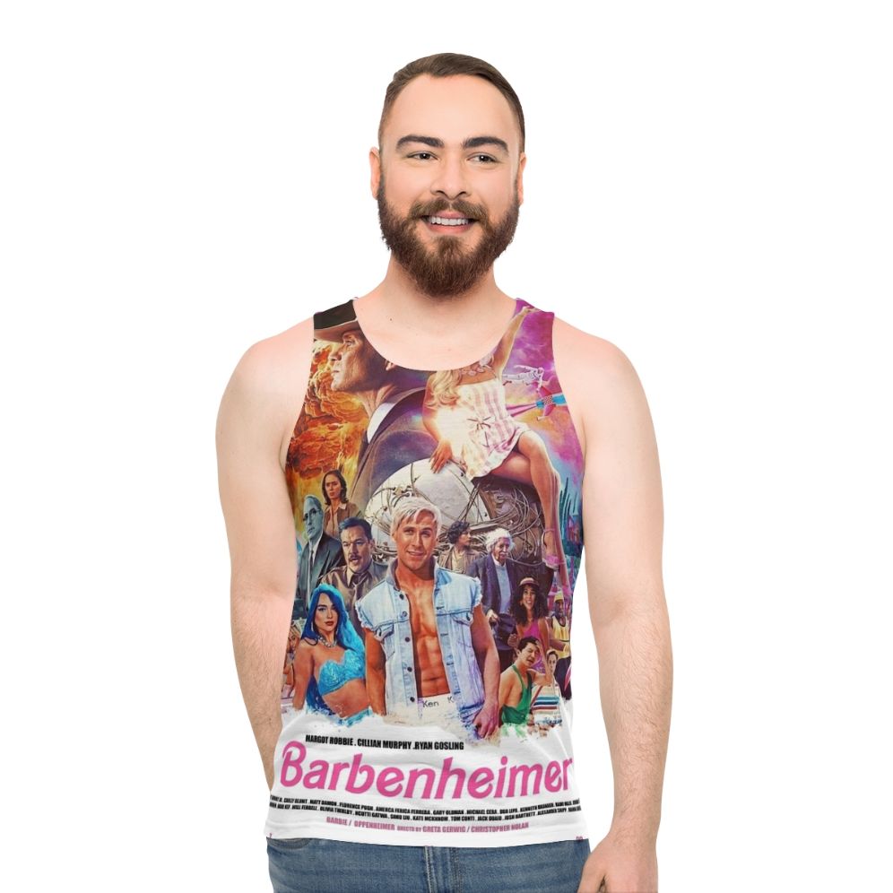 Barbenheimer Unisex Tank Top featuring nuclear explosion and mushroom cloud