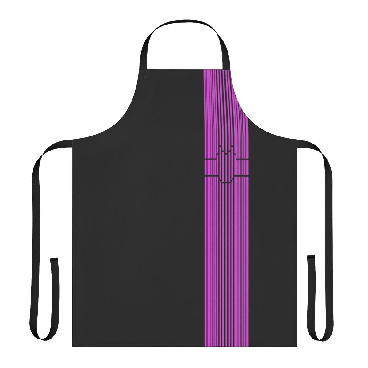 A black apron with a barcode design inspired by the Kamen Rider Decade superhero series.
