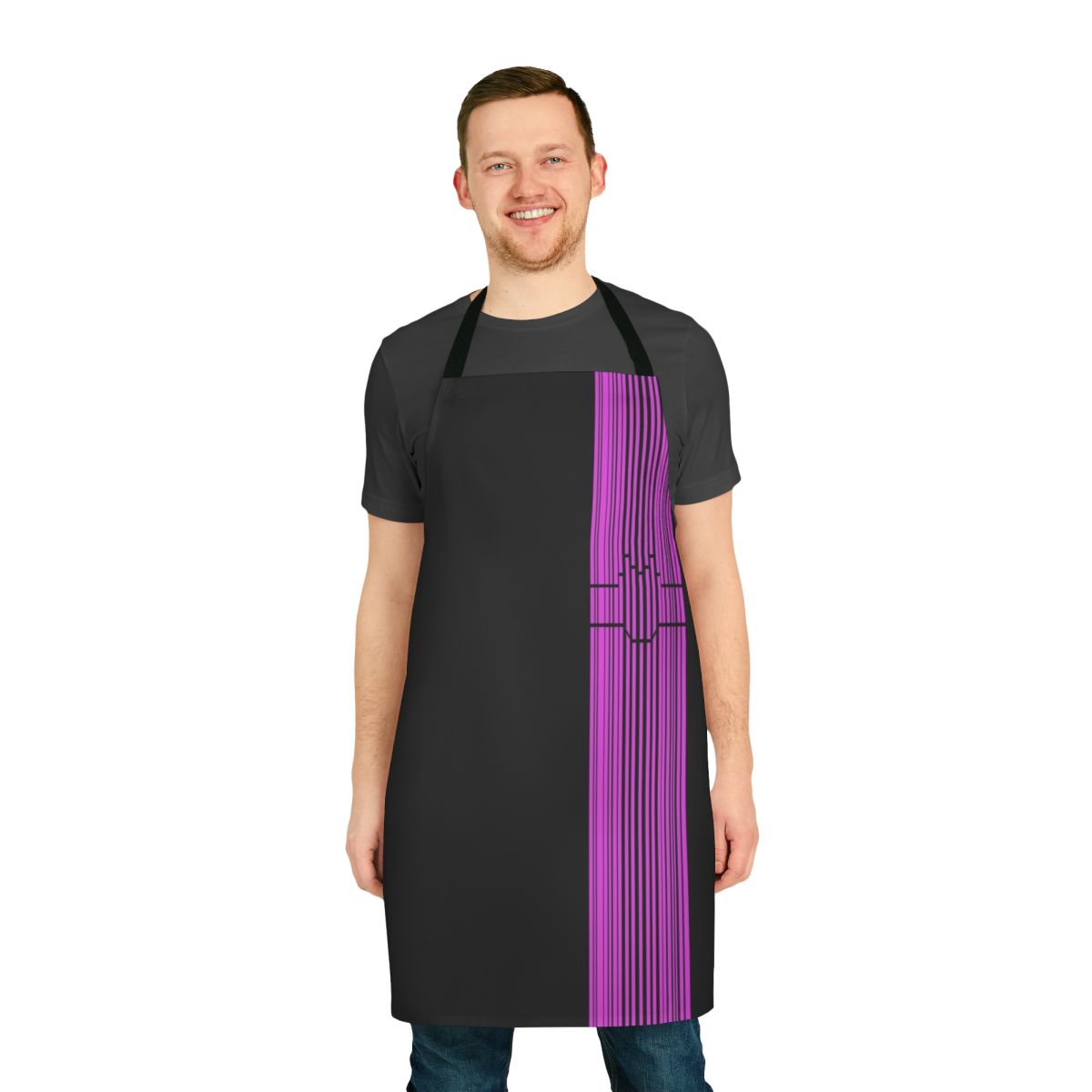 A black apron with a barcode design inspired by the Kamen Rider Decade superhero series.