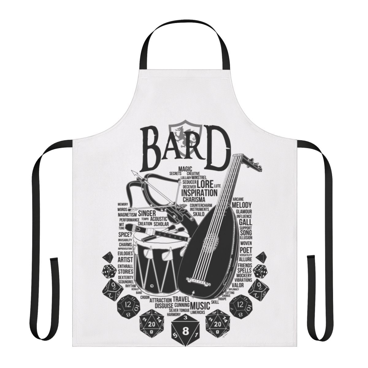 A stylish black apron featuring a bard class design, perfect for roleplaying, tabletop gaming, and geeky activities.