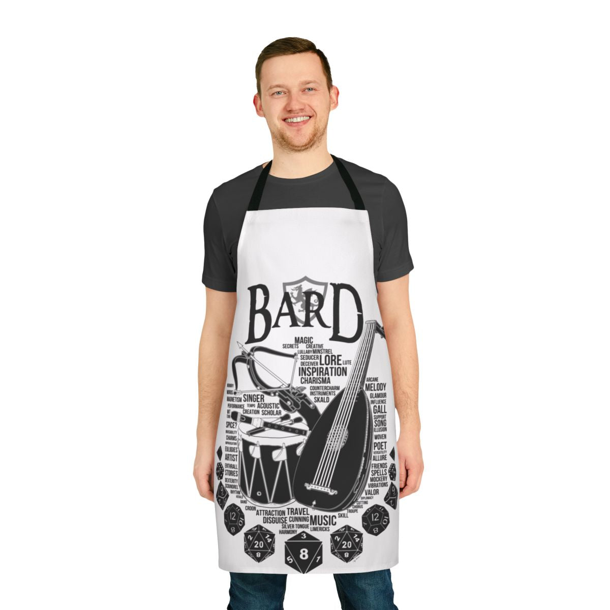 A stylish black apron featuring a bard class design, perfect for roleplaying, tabletop gaming, and geeky activities.