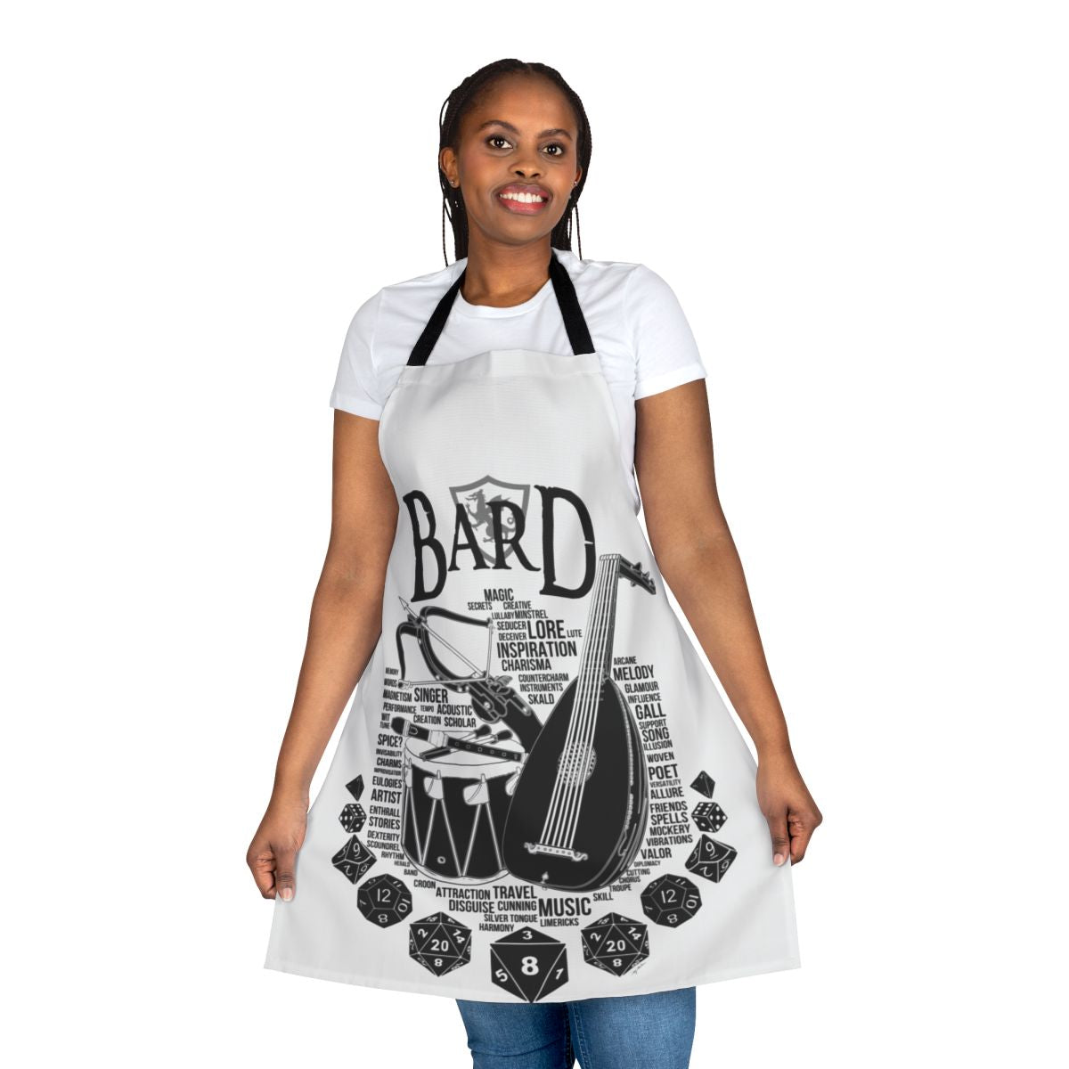 A stylish black apron featuring a bard class design, perfect for roleplaying, tabletop gaming, and geeky activities.