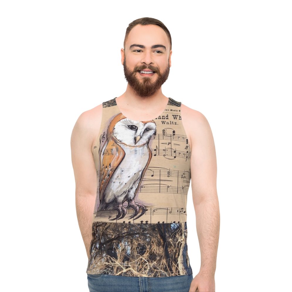 Barn owl perched on a tree branch with musical notes