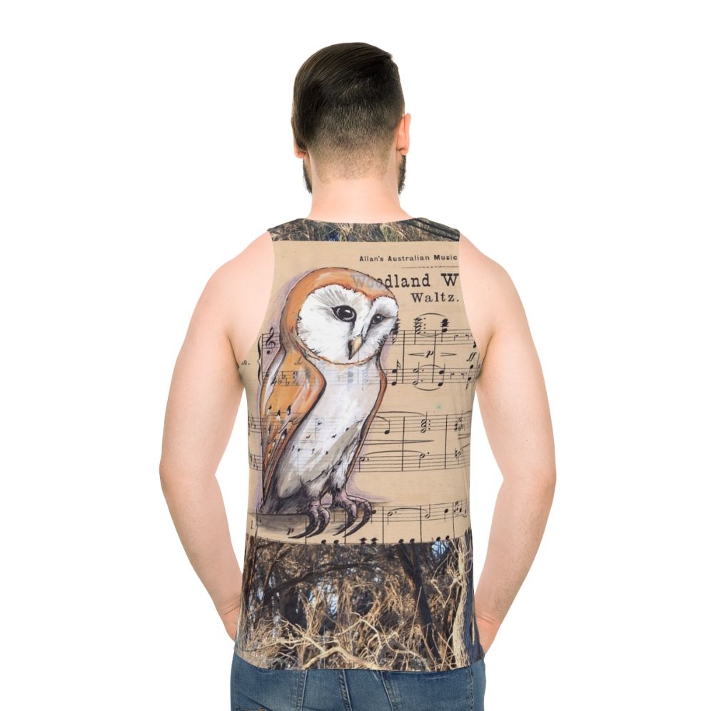 Barn owl perched on a tree branch with musical notes