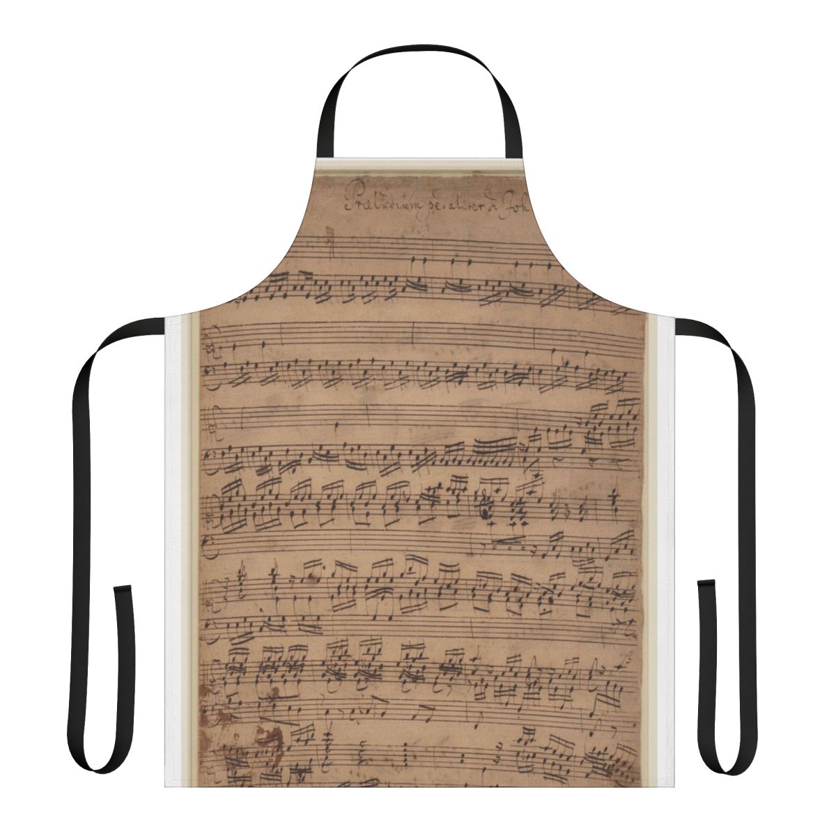 An apron featuring a baroque-style musical manuscript design with treble and bass clefs.