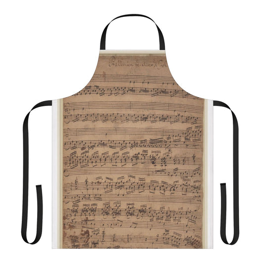 An apron featuring a baroque-style musical manuscript design with treble and bass clefs.