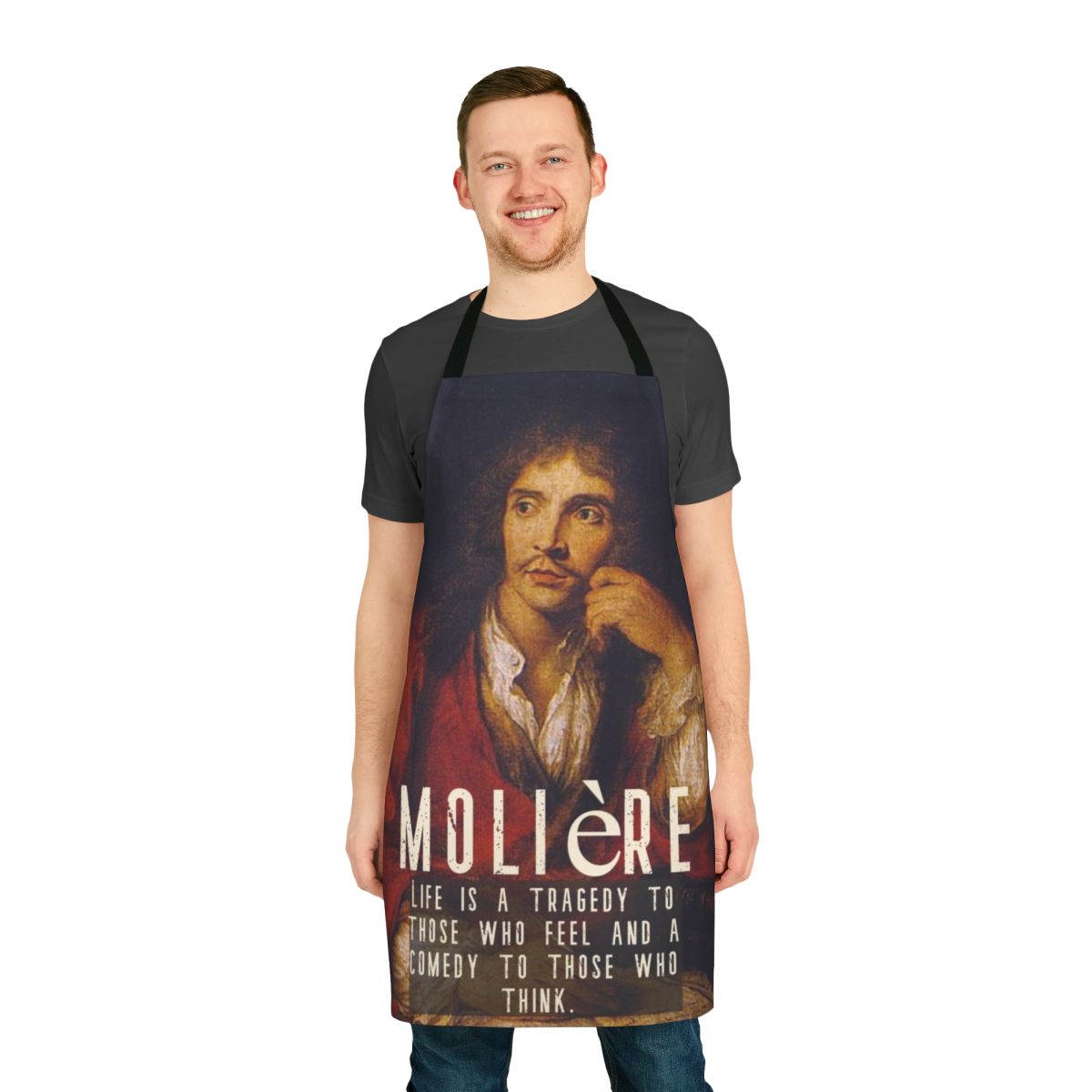 Apron featuring quotes from the renowned Baroque period playwright Molière's tragicomedies.