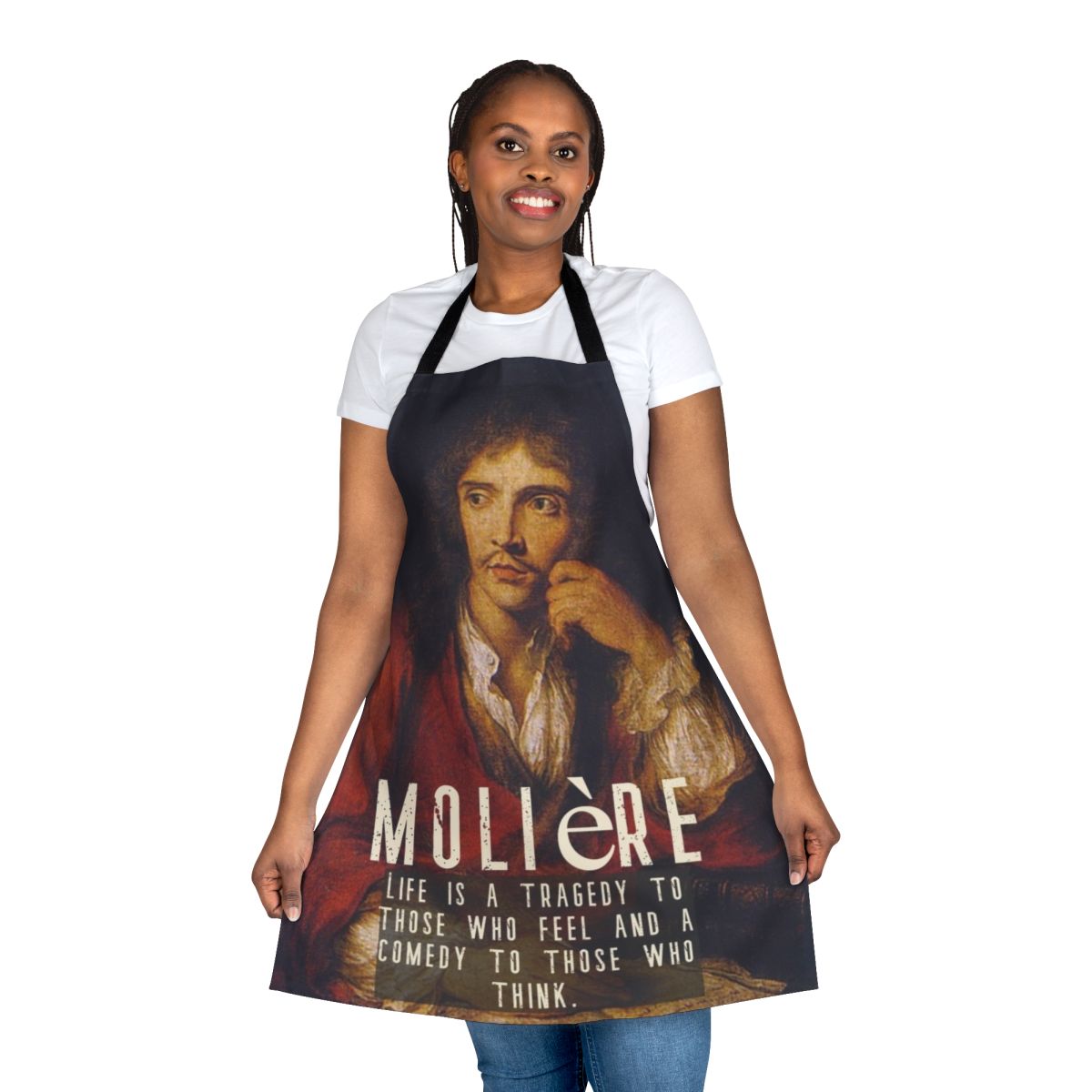 Apron featuring quotes from the renowned Baroque period playwright Molière's tragicomedies.