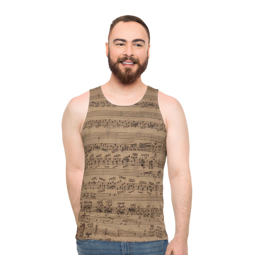 Unisex tank top with baroque-inspired sheet music design