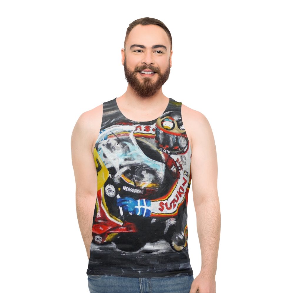 Barry Sheene motorsports Suzuki motorcycle oil painting unisex tank top