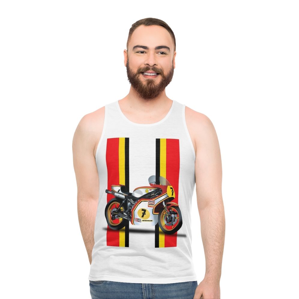 Unisex tank top featuring vintage Barry Sheene Suzuki motorcycle logo