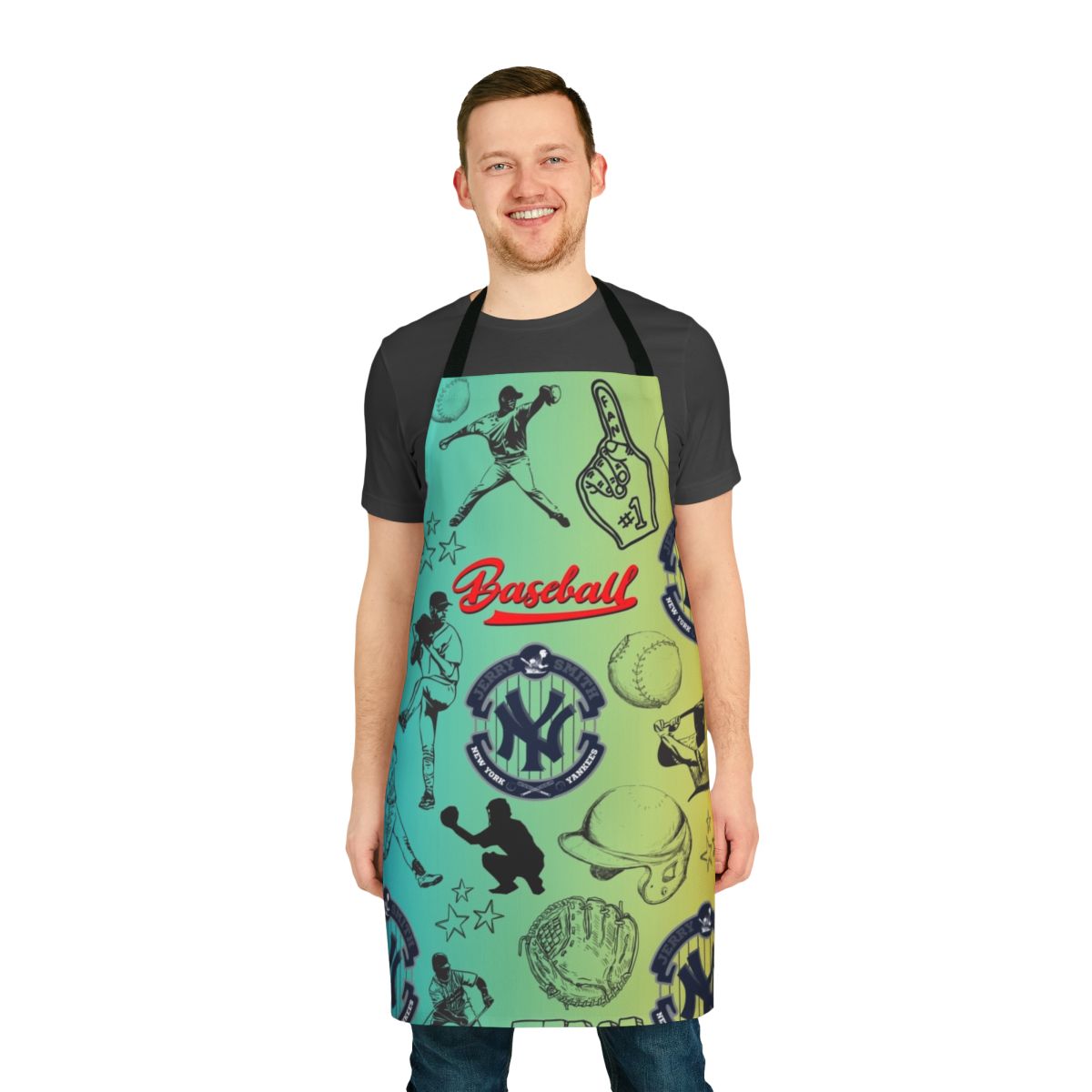 Baseball themed apron featuring the New York Yankees logo and colors