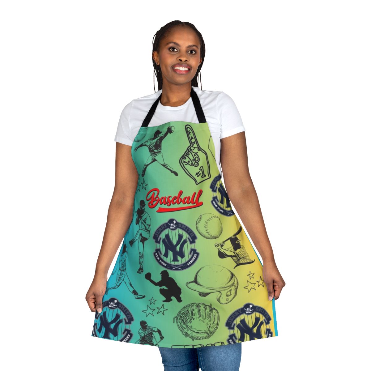 Baseball themed apron featuring the New York Yankees logo and colors