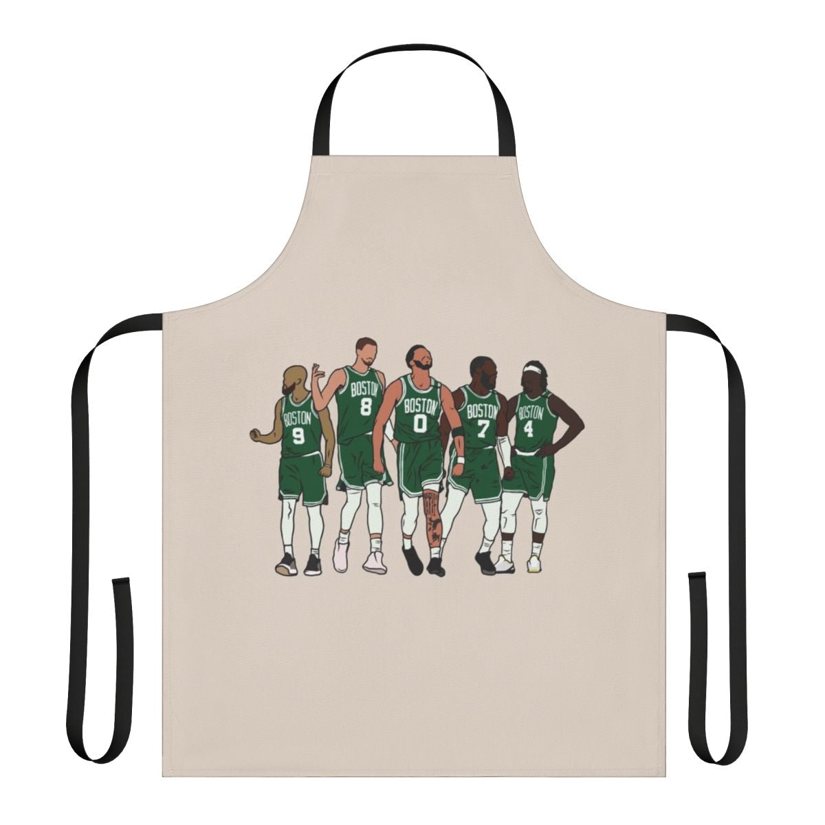 Basketball-themed apron featuring Kristaps Porzingis, Jrue Holiday, Jayson Tatum, and Jaylen Brown