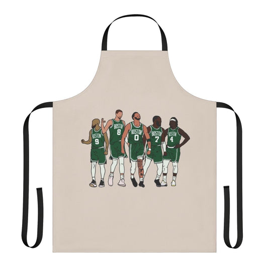 Basketball-themed apron featuring Kristaps Porzingis, Jrue Holiday, Jayson Tatum, and Jaylen Brown