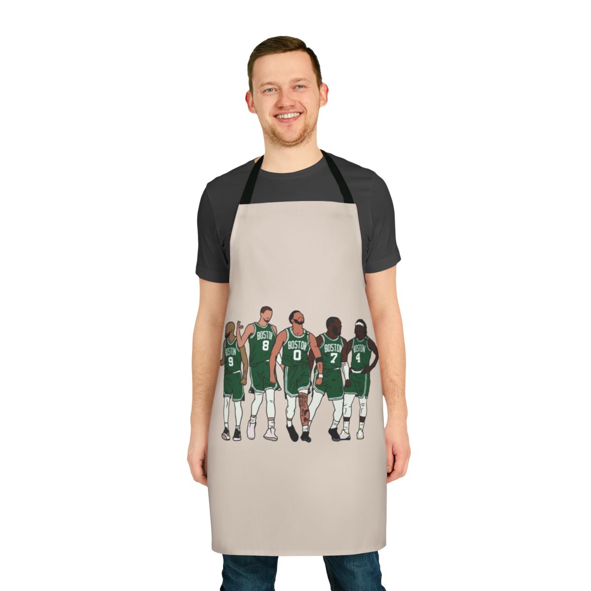 Basketball-themed apron featuring Kristaps Porzingis, Jrue Holiday, Jayson Tatum, and Jaylen Brown