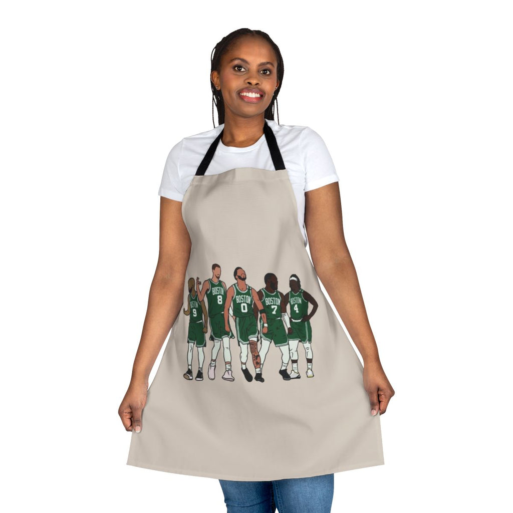 Basketball-themed apron featuring Kristaps Porzingis, Jrue Holiday, Jayson Tatum, and Jaylen Brown
