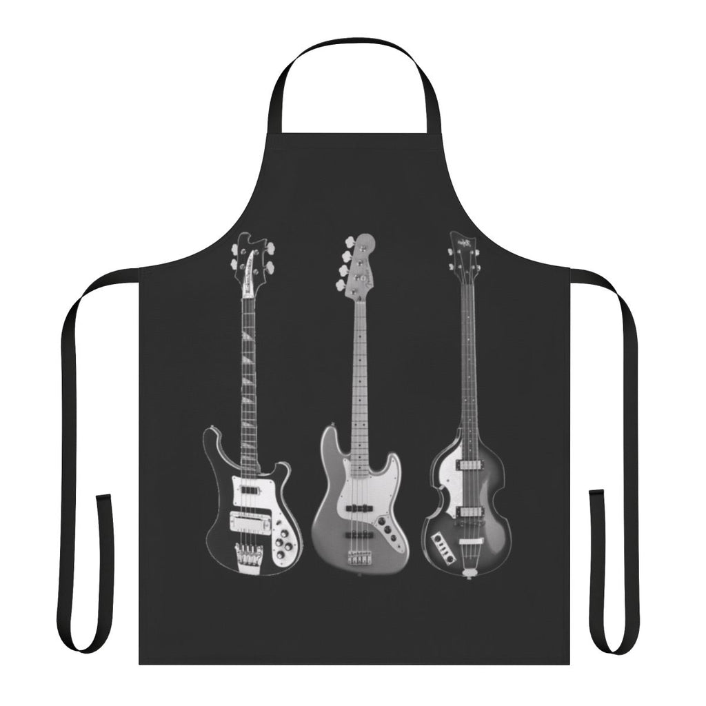 A stylish apron featuring the iconic shapes of classic bass guitars