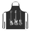 A stylish apron featuring the iconic shapes of classic bass guitars