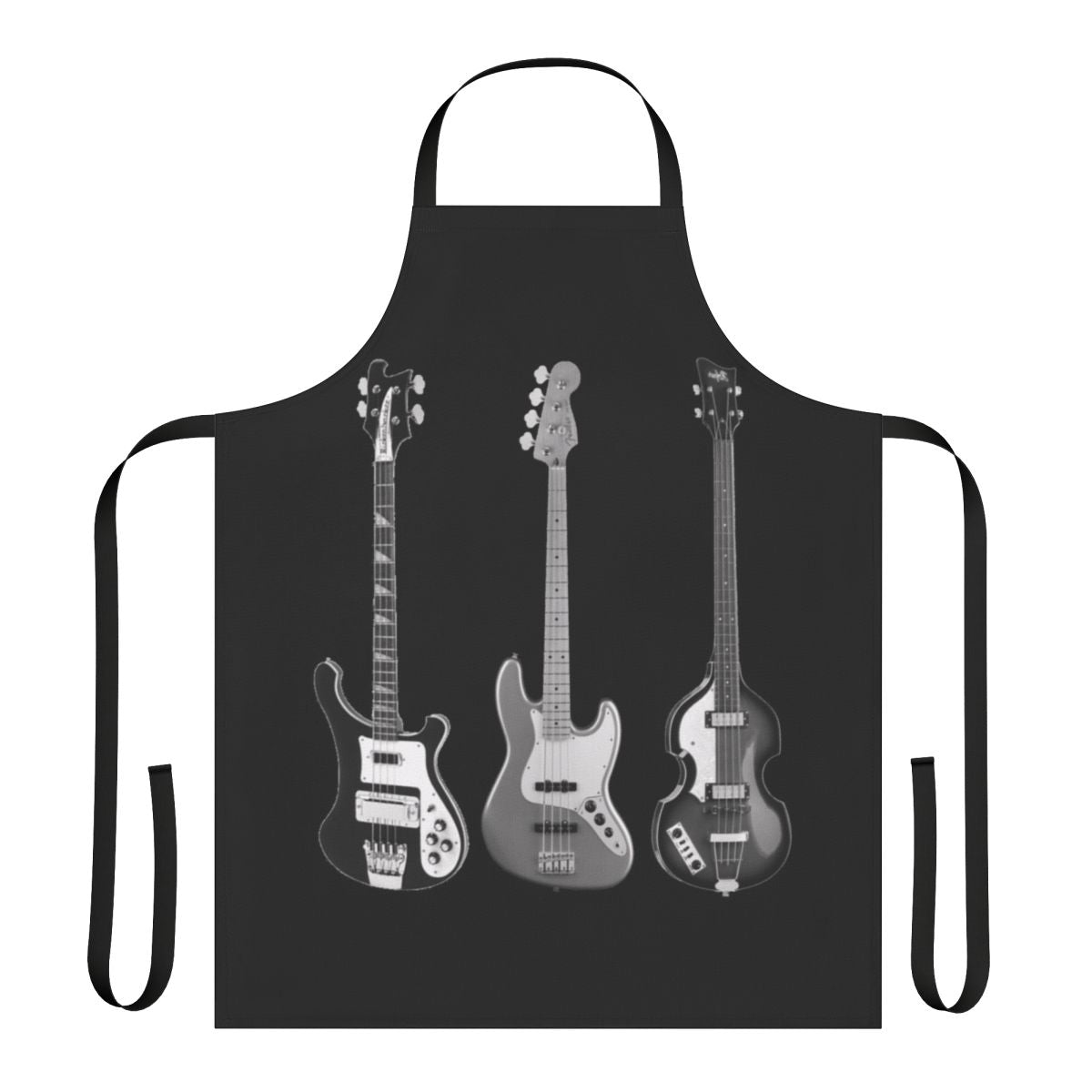 A stylish apron featuring the iconic shapes of classic bass guitars