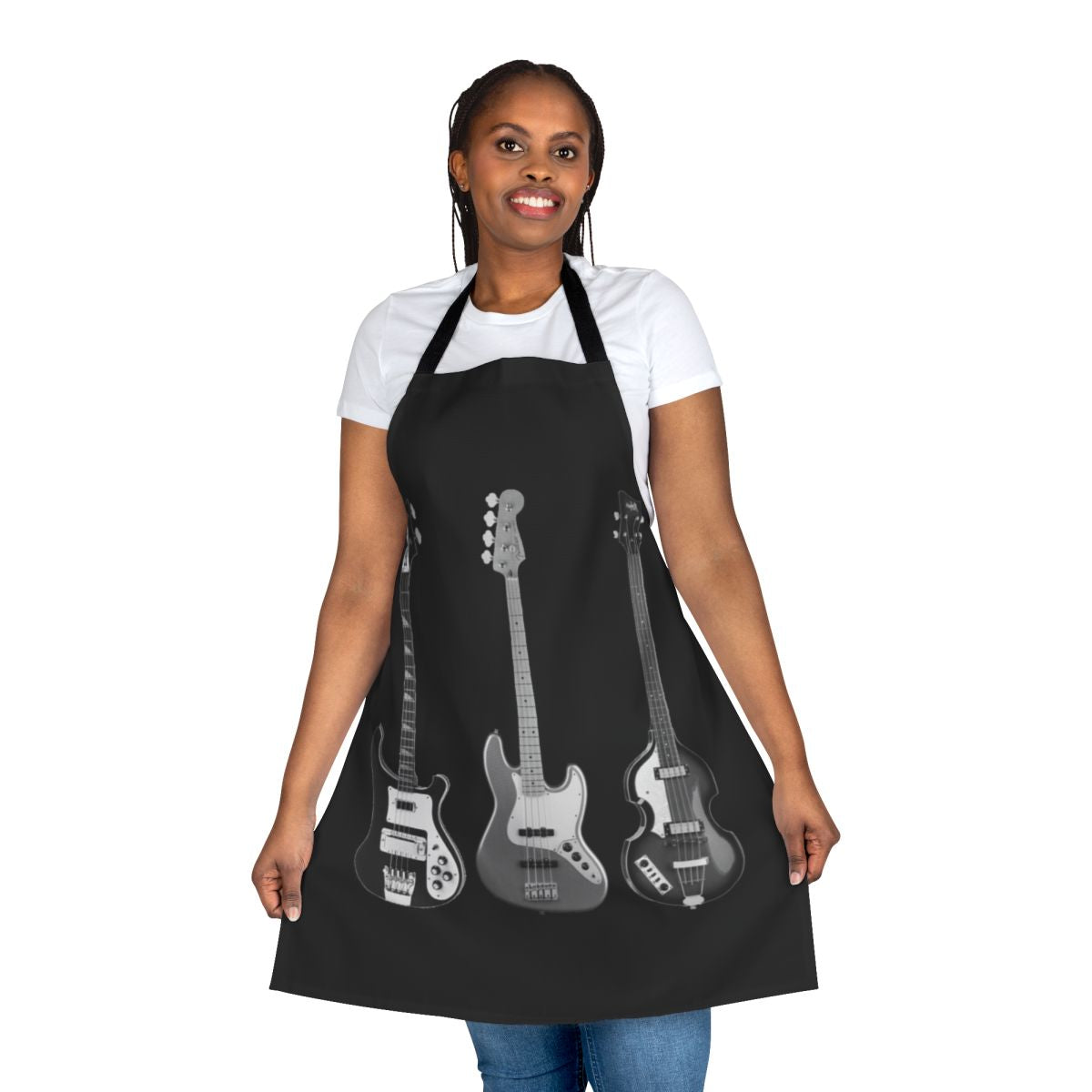 A stylish apron featuring the iconic shapes of classic bass guitars