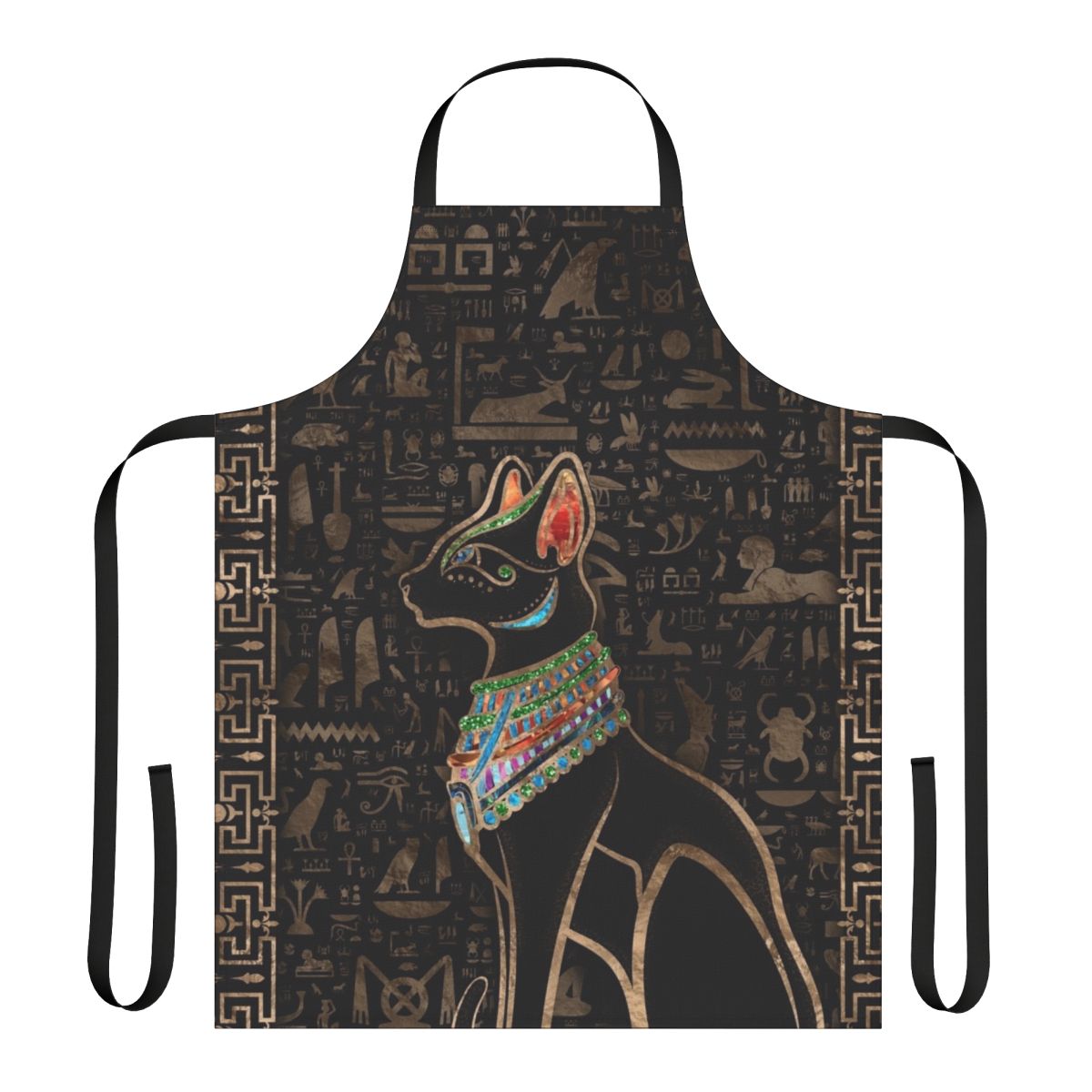 Apron featuring the Egyptian cat goddess Bastet with hieroglyphic designs and the Eye of Horus