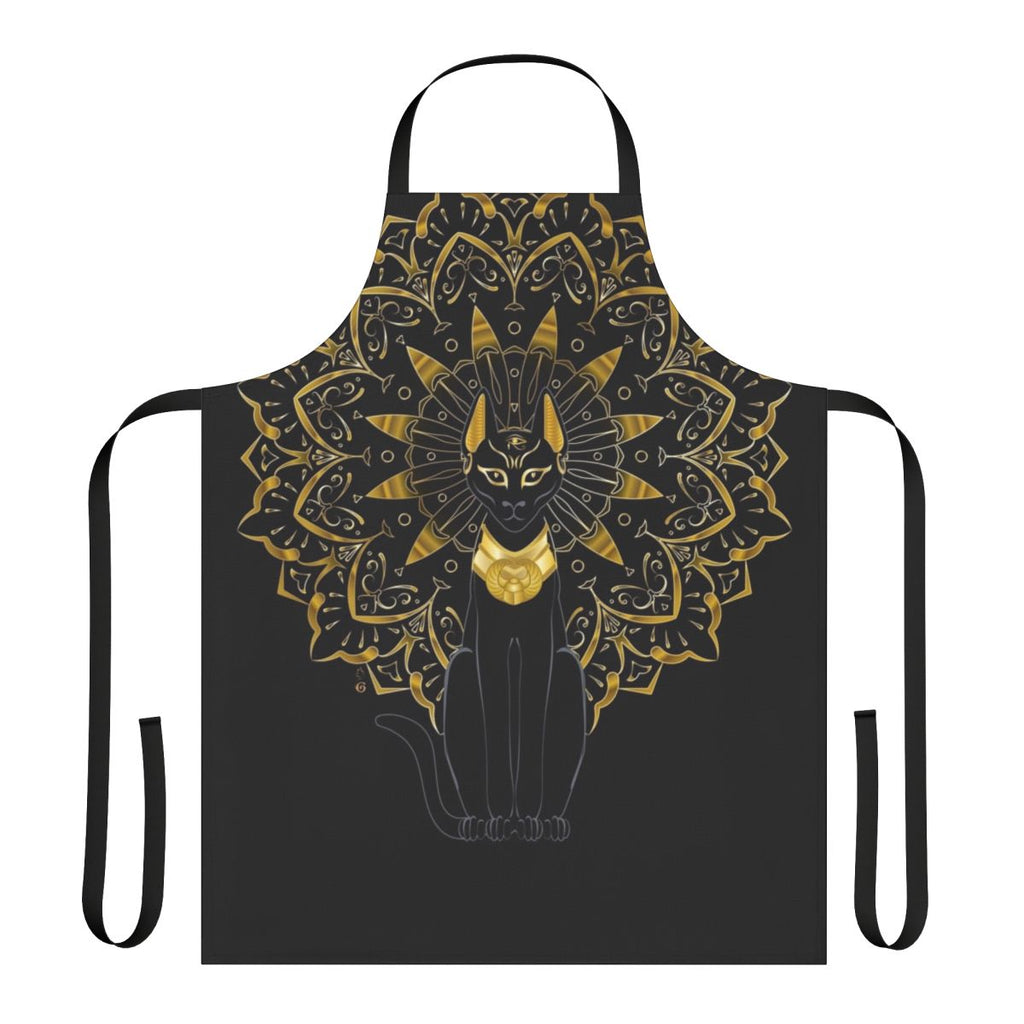 Bastet-Inspired Egyptian Goddess Apron with Feline Deity, Golden Mandala, and Eye of Ra Symbols
