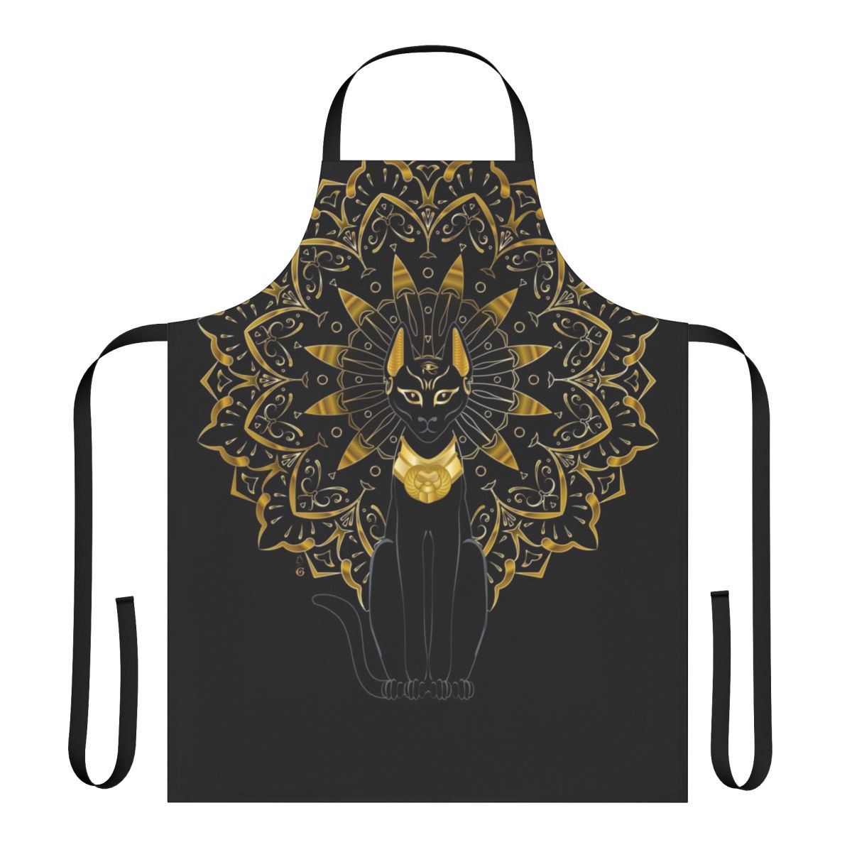 Bastet-Inspired Egyptian Goddess Apron with Feline Deity, Golden Mandala, and Eye of Ra Symbols