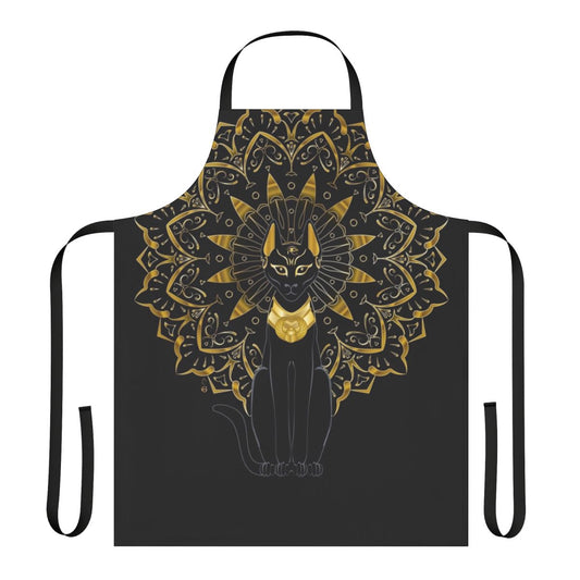 Bastet-Inspired Egyptian Goddess Apron with Feline Deity, Golden Mandala, and Eye of Ra Symbols